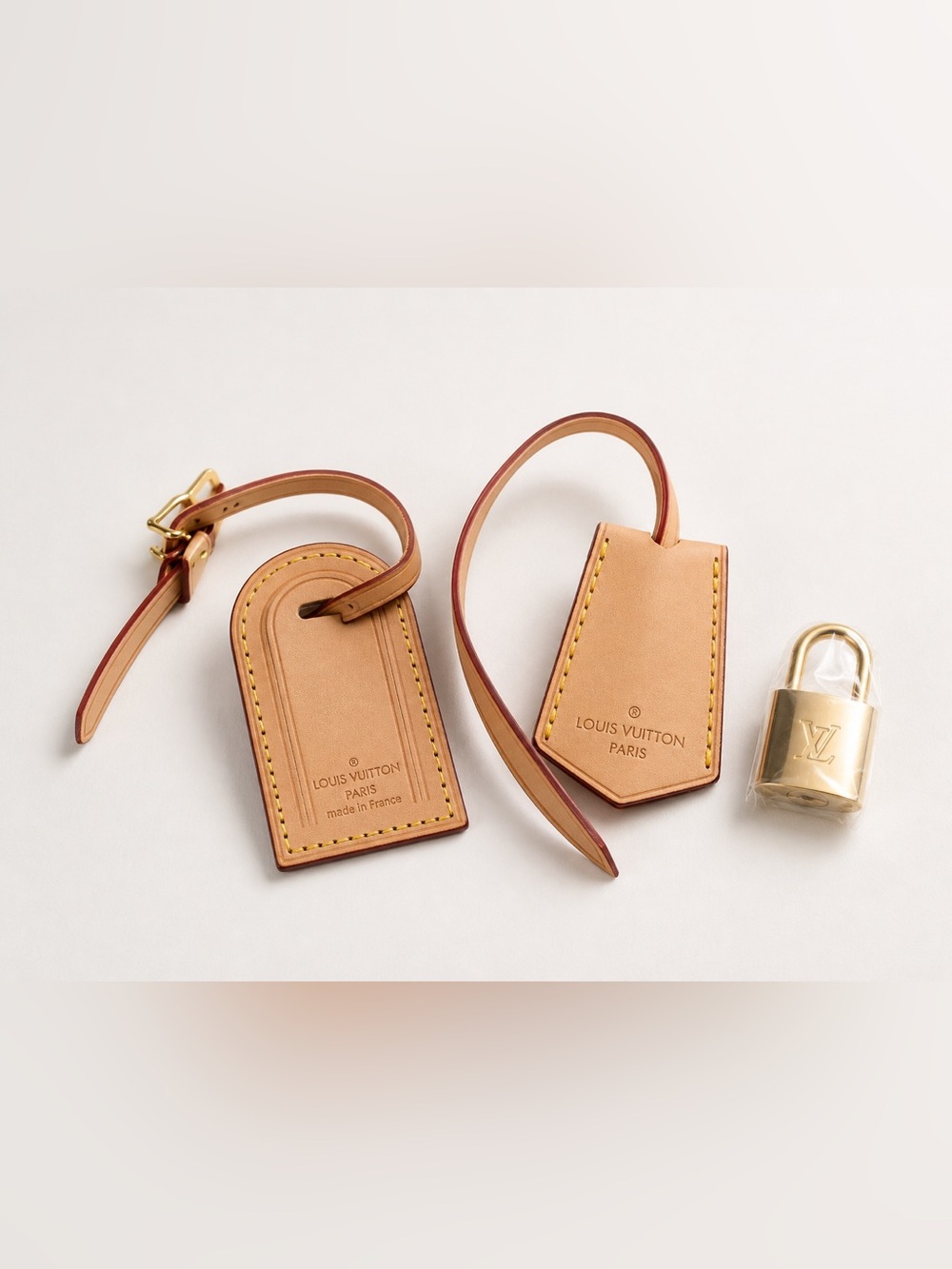 Louis Vuitton Vachetta Leather Luggage Tag Poignet Handle Holder & Padlock Set